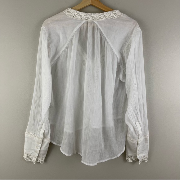 FREE PEOPLE White Lace Trim Lightweight Clemence Cottagecore Button Down Blouse - Picture 13 of 16